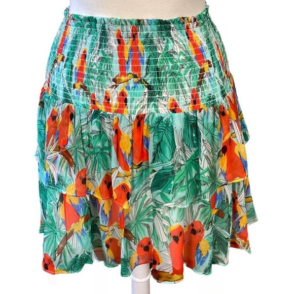 MILLY Wyatt Parrot Print Tiered Ruffled Mini Skirt Green Multi Lined NWT Size 4 - Picture 6 of 9